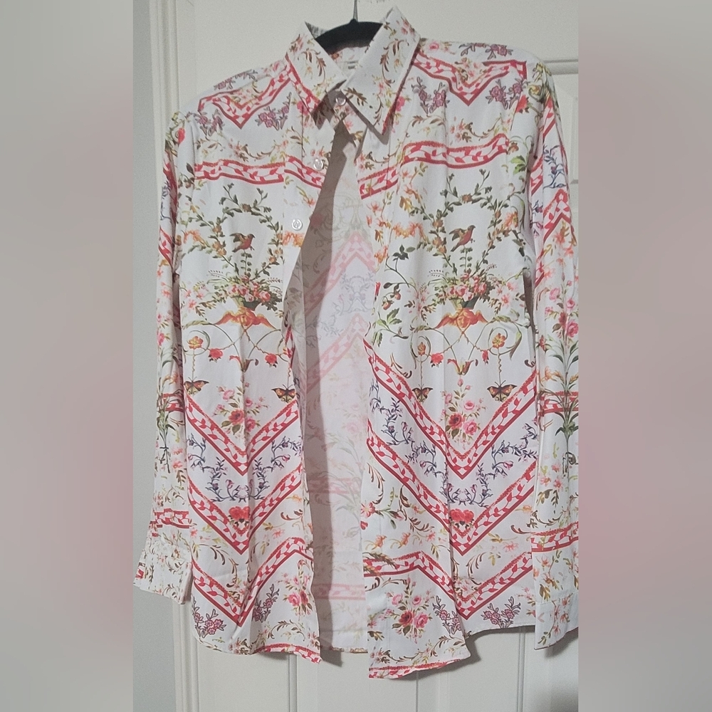 Men's Floral Chevron Print Button-Down Shirt - White with Coral Accents - Picture 2 of 3